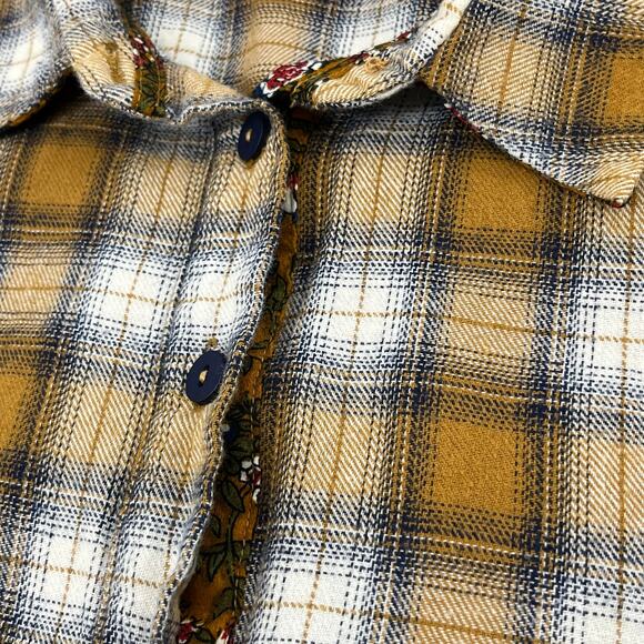 Hem & Thread Plaid 3/4 Button Floral Roll Cuff Collared Fall Autumn Shirt Large - Picture 4 of 9